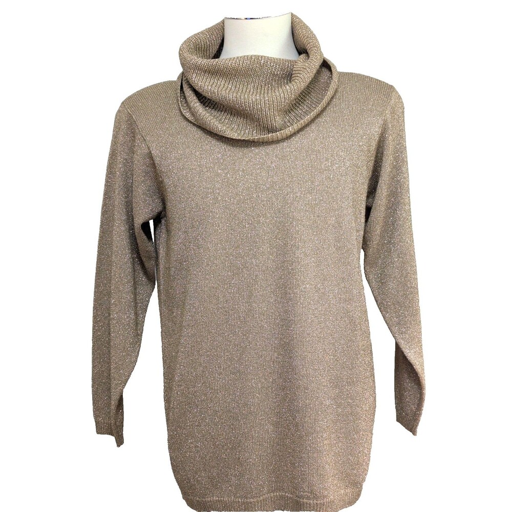Vintage Jeanne Pierre Women's M Gold Metallic Turtleneck Sweater Shoulder Pads